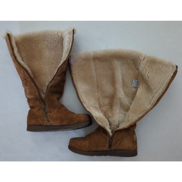 BEARPAW Brown Suede Side Zip 14" Tall Boots Sheepskin Wool lining Women's Size 5 - Picture 7 of 10